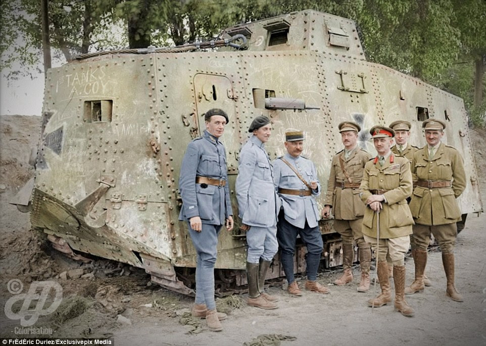 French and British soldiers stand around a German A7V tank captured at Villers-Brettoneux in May 1918. The French artillery fired more than 330,000,000 shells during the First World War, which is more than 210,000 rounds each day