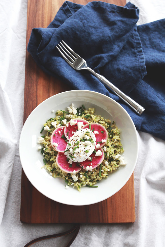 Poached Egg, Radish & Feta over Herbed Rice | perpetuallychic.com