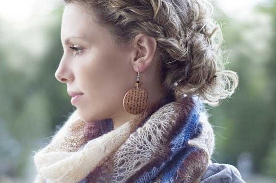 Hand knitted shawl in colors: Blue,brown and Cream.