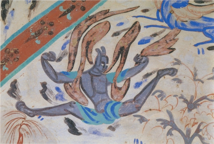 Ceiling showing the archaic deity servant of the King of the East, Mogao Cave 249, Dunhuang. Western Wei dynasty (535–57), mural painting. Image courtesy of Wang Kefen. After <i>The Complete Collection of Dunhuang Grottoes</i>, Vol. 17, <i>Paintings of Dance</i>, The Commercial Press, Hong Kong, 2001, p. 16