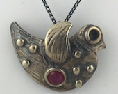 Cute Sterling Silver Bird Necklace with oxidized sterling chain - ruby colored stone - serpilguneysudesigns
