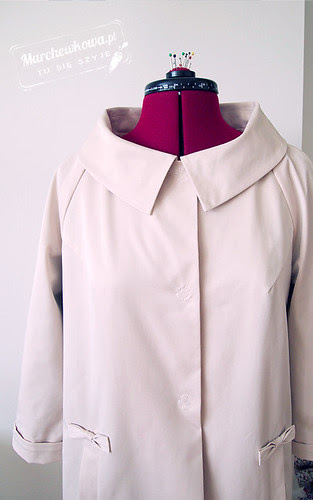 50s style spring coat, Burda 3/2010, wiosenny płaszcz grzybek, gabardyna bawełniana, patki, kokardy, lata 50, retro,