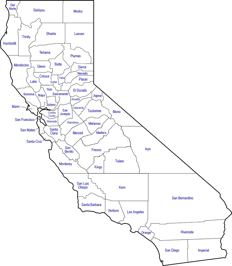 This is an image map of the State of California with selectable regions for all 58 counties.