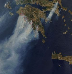 Photograph of Greece burning on 2007-08-25. Photo by NASA.