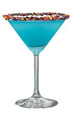 The Sprinkletini is a blue cocktail perfect for a birthday party. Made from Hpnotiq liqueur, Iced Cake vodka and champagne, and served in a chilled cocktail glass rimmed with sprinkles