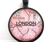 London, England, Pendant from Vintage Map, in Glass Tile Circle