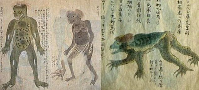 In Japanese folklore, the child-sized Kappa, or 'river child' occasionally jumps out of its watery lair to pull pranks as well as attacking women and even pulling people into the water where it drowns them. The colour, shape and features of the monster vary according to differing illustrations (pictured) of the creature