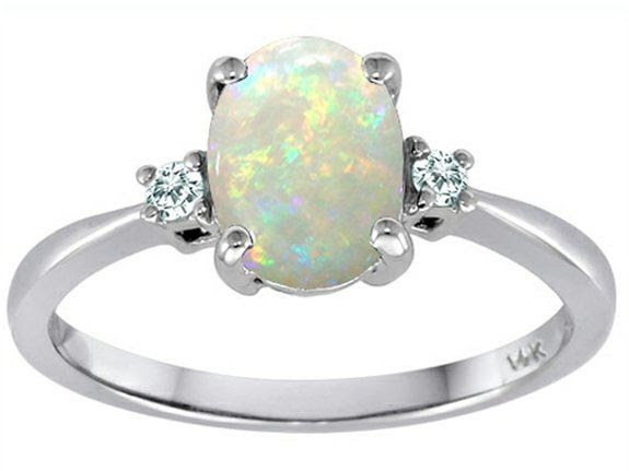 Tommaso Design Genuine 8x6mm Oval Opal and Diamond 3 stone Engagement Ring Size 5