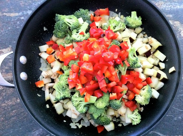 Broccoli and Red Bell Pepper Added to Pan