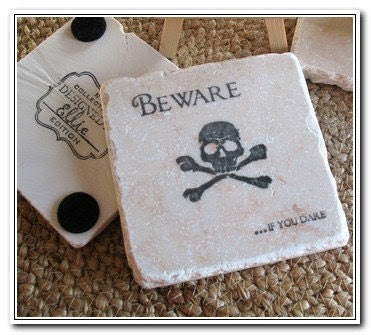 Beware if You Dare Black Skull and Crossbone Absorbent Tile Coasters, Set of 4 - MyLittleChick