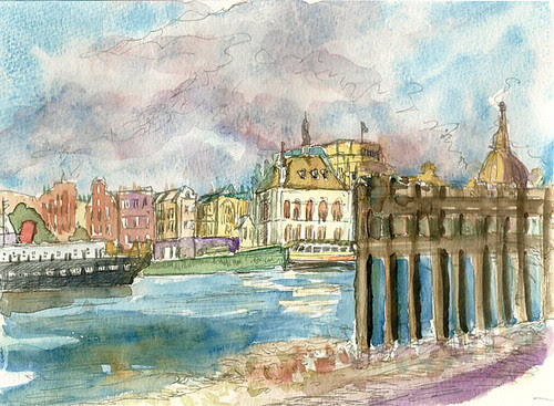London from South bank, with watercolor added