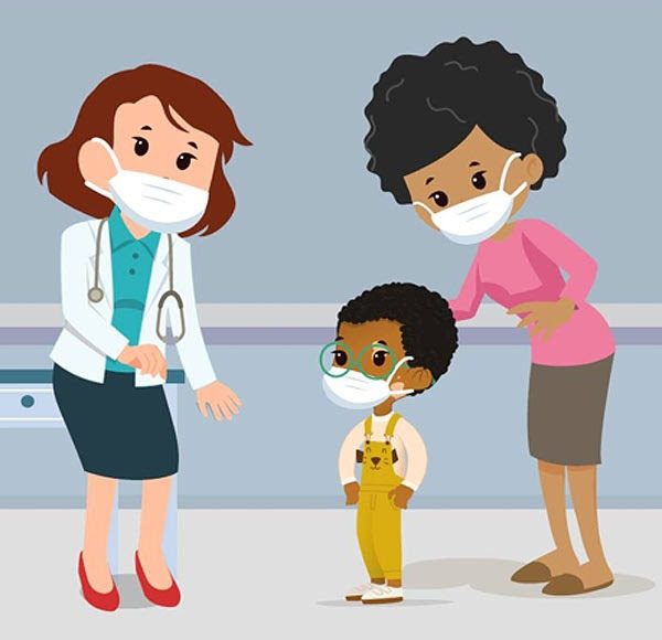 Illustration of a masked doctor speaking with a masked mother and child.