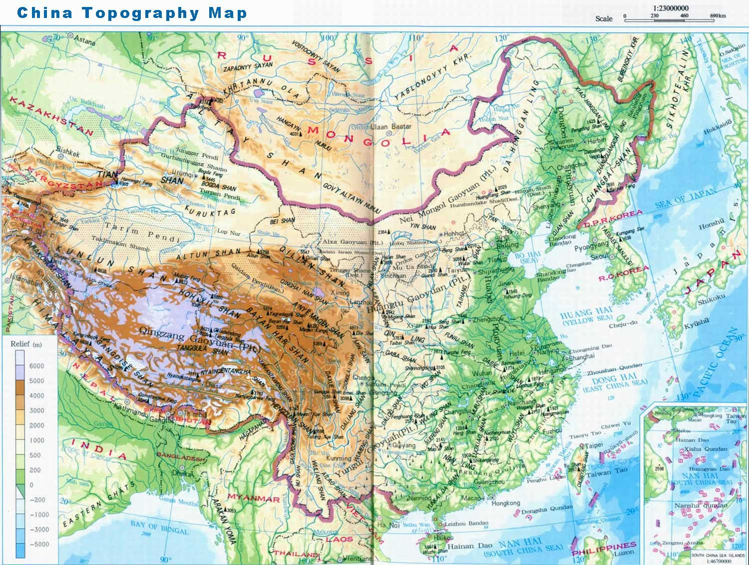 Какая высота великой китайской равнины. Карта Китая физическая карта Китая. Физическая карта КНР. Карта Китая географическая рельеф. Топографическая карта Китая.