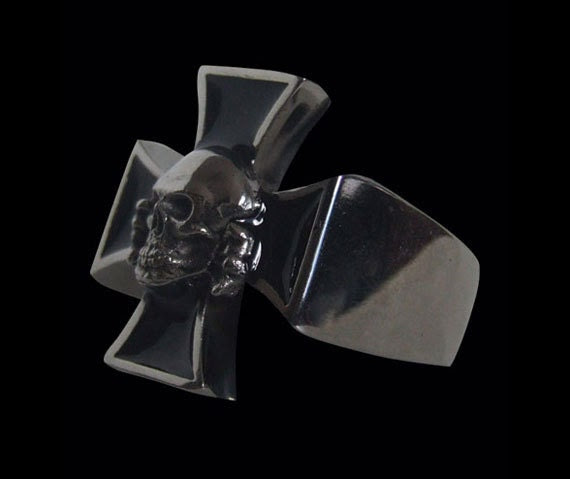 Solid 92.5% Sterling Silver SS Death Head Skull Iron Cross Ring - Free Re-Size/Shipping - Easternages