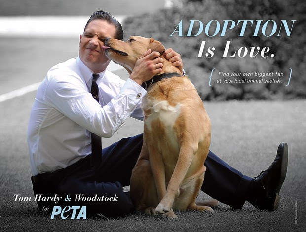 Tom Hardy e seu cachorro, Woodstok, em campanha sobre adoção (Foto: Divulgação/Peta)