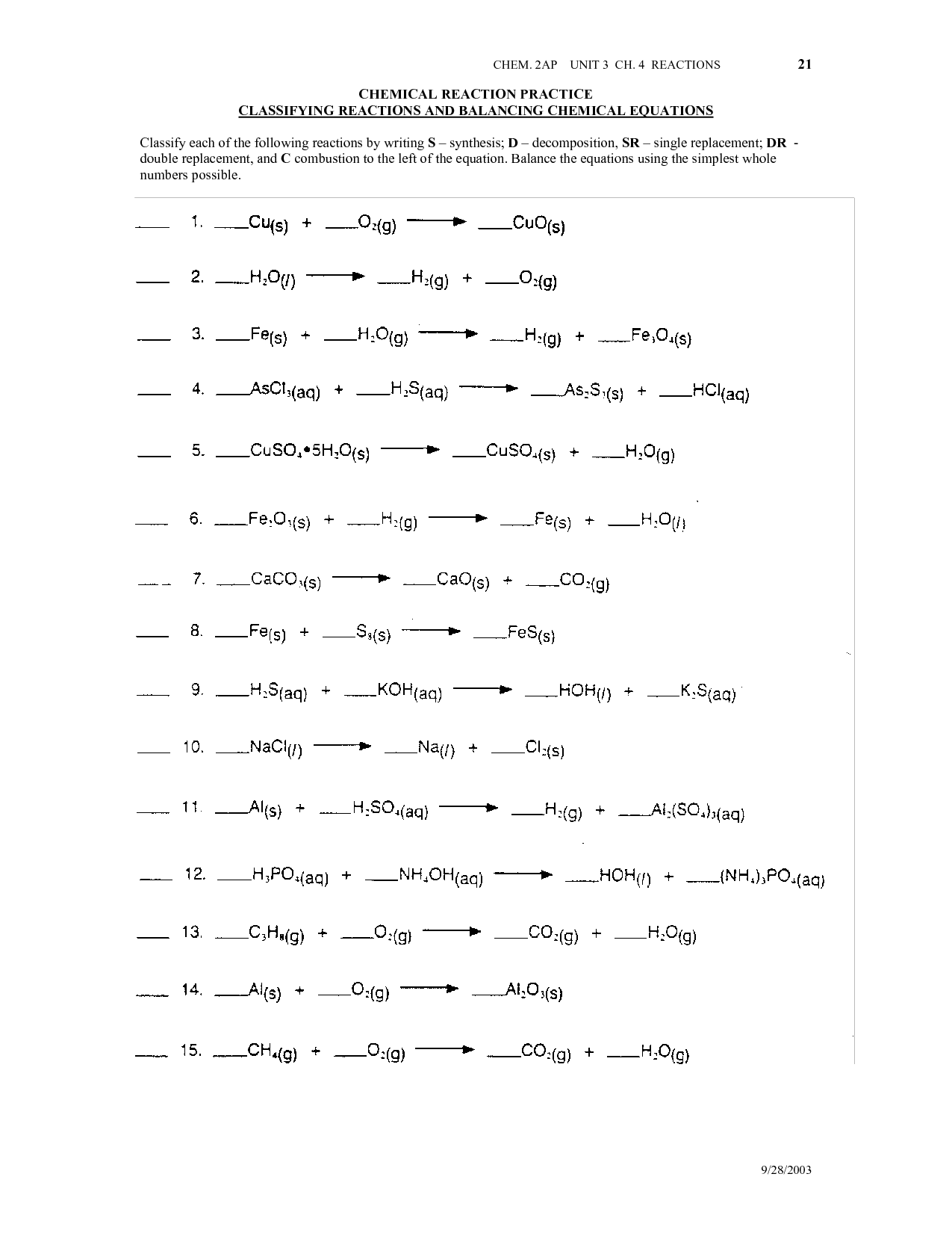 Types Of Chemical Reactions Worksheet Answers - Promotiontablecovers With Regard To Classifying Chemical Reactions Worksheet Answers