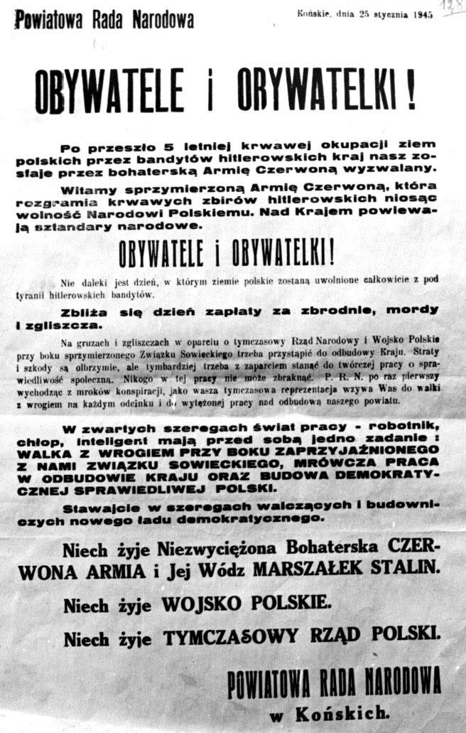 Końskie. Plakat Powiatowej Rady Narodowej Obywatele i obywatelki... z dnia 25 stycznia 1945 r.