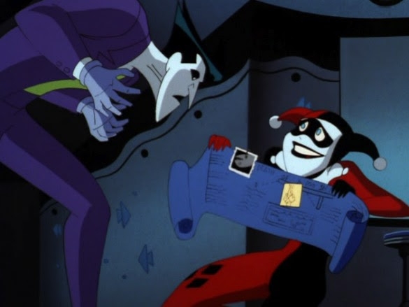 'Look puddin'...it's the blueprints to Stately Wayne Manor!' Harley Quinn