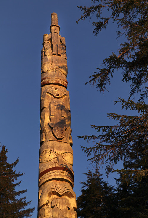 totem pole in front of Chief Son-i-Hat Whale House, Kasaan, Alaska