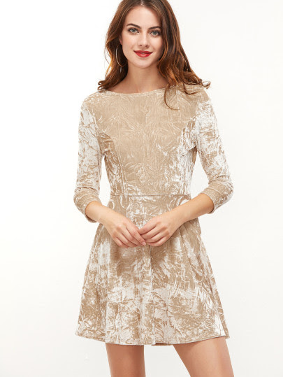 Apricot 3/4 Sleeve Scoop Back A Line Velvet Dress