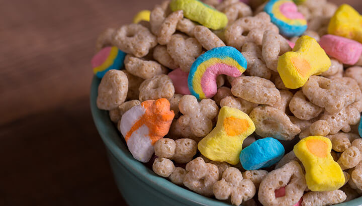 Lucky Charms cereal contains sugar, modified corn starch, corn syrup and more.