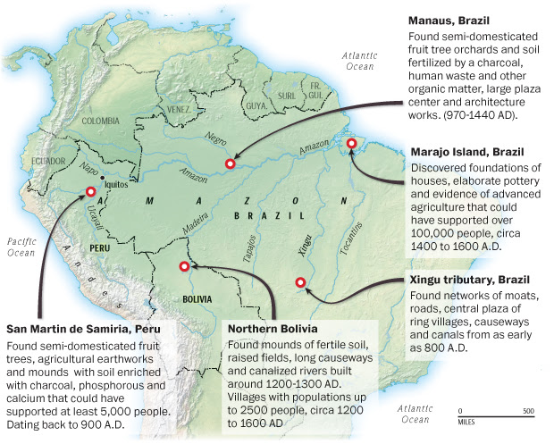 Map shows locations where archaeologists say they have found evidence ancient civilizations in the Amazon.
