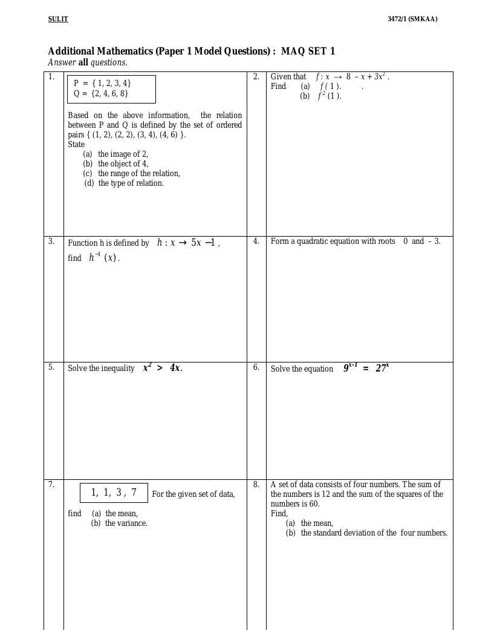 Latihan matematik tingkatan 1