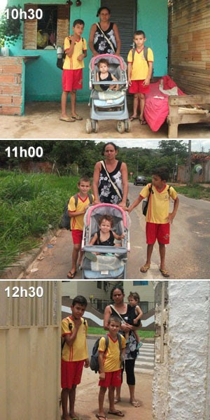 A rotina de Rosângela e os filhos: saída de casa (10h30), caminhada pelas ruas de Aparecida de Goiânia (11h00) e a chegada à escola (12h30) (Foto: Elisângela Nascimento/G1)