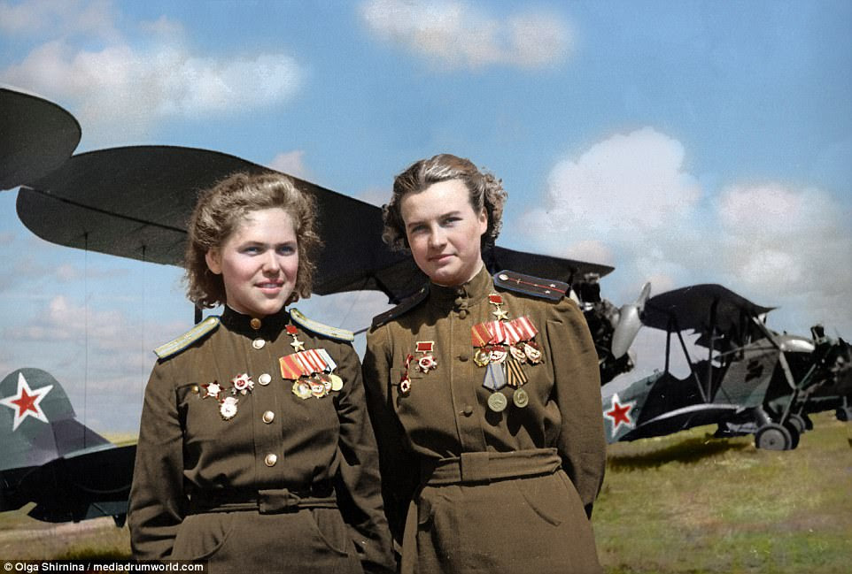 Black and white images of the feared Soviet unit - dubbed the Night Witches by the Nazis they were bombing - have been brought to life by translator, Olga Shirnina, from Moscow. Pictures show Rufina Gasheva and Nataly Meklin - heroes of the Soviet Union's famed Night Witches squadron