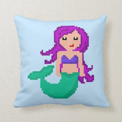 8Bit Pixel Geek Mermaid with Purple Hair Throw Pillow
