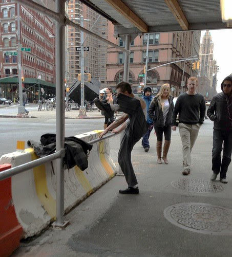 Working out, late winter, Astor Place