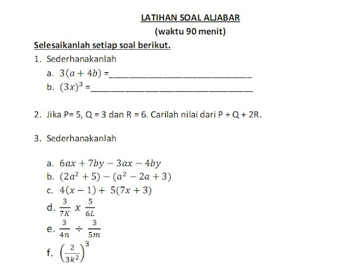 Berikut Soal Essay Aljabar Kelas 7
