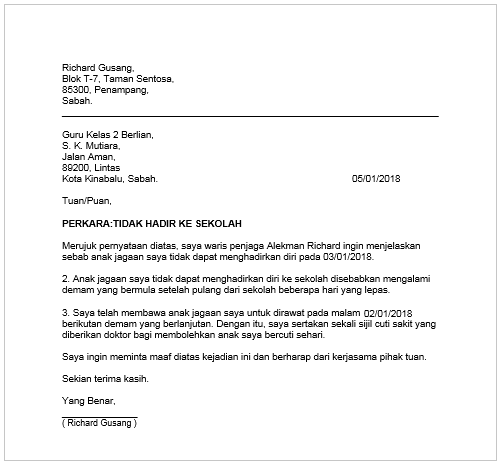 Contoh Surat Rasmi Tidak Hadir Ke Sekolah Kerana Cuti 