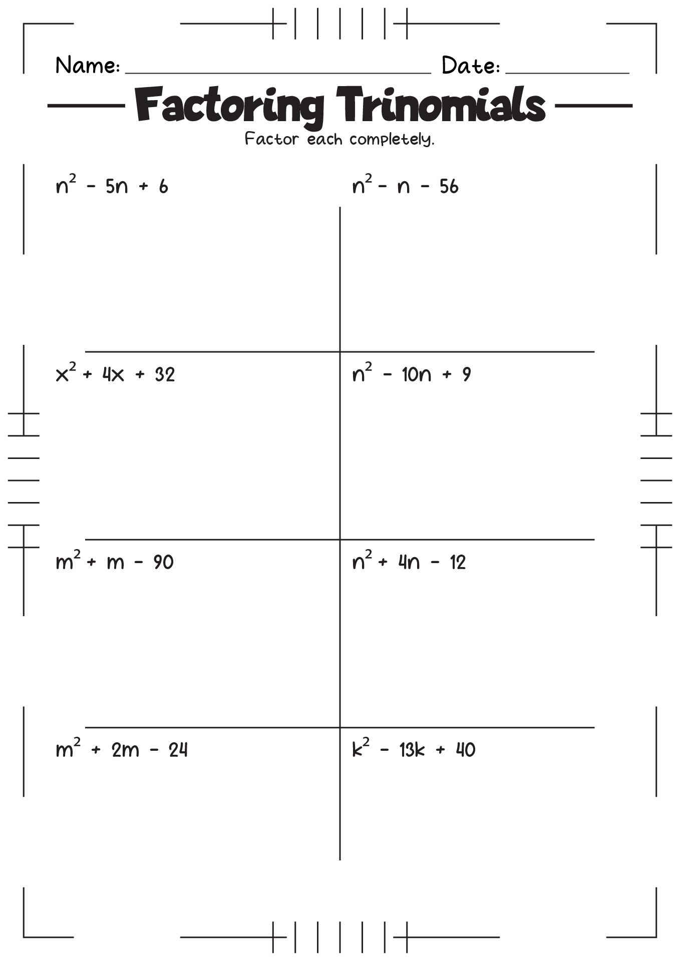 Free Printable Factoring Worksheets - High Resolution Printable With Regard To Factoring Polynomials By Grouping Worksheet