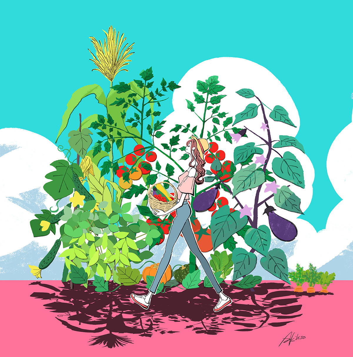 夏野菜を収穫する麦わら帽子の女の子のイラスト イラストレーターakihisasawadaイラスト デザイン室