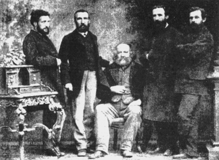 Foto tomada en 1869 durante el IV congreso de la AIT en Basilea (Suiza).  De izquierda a derecha: Monchal, Charles Perron, Mijail Bakunin, Giuseppe Fanelli y Valerian Mroczkovsky.