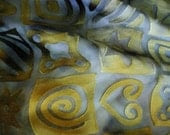 Hand dyed devore silk scarf in golden yellow and dark grays