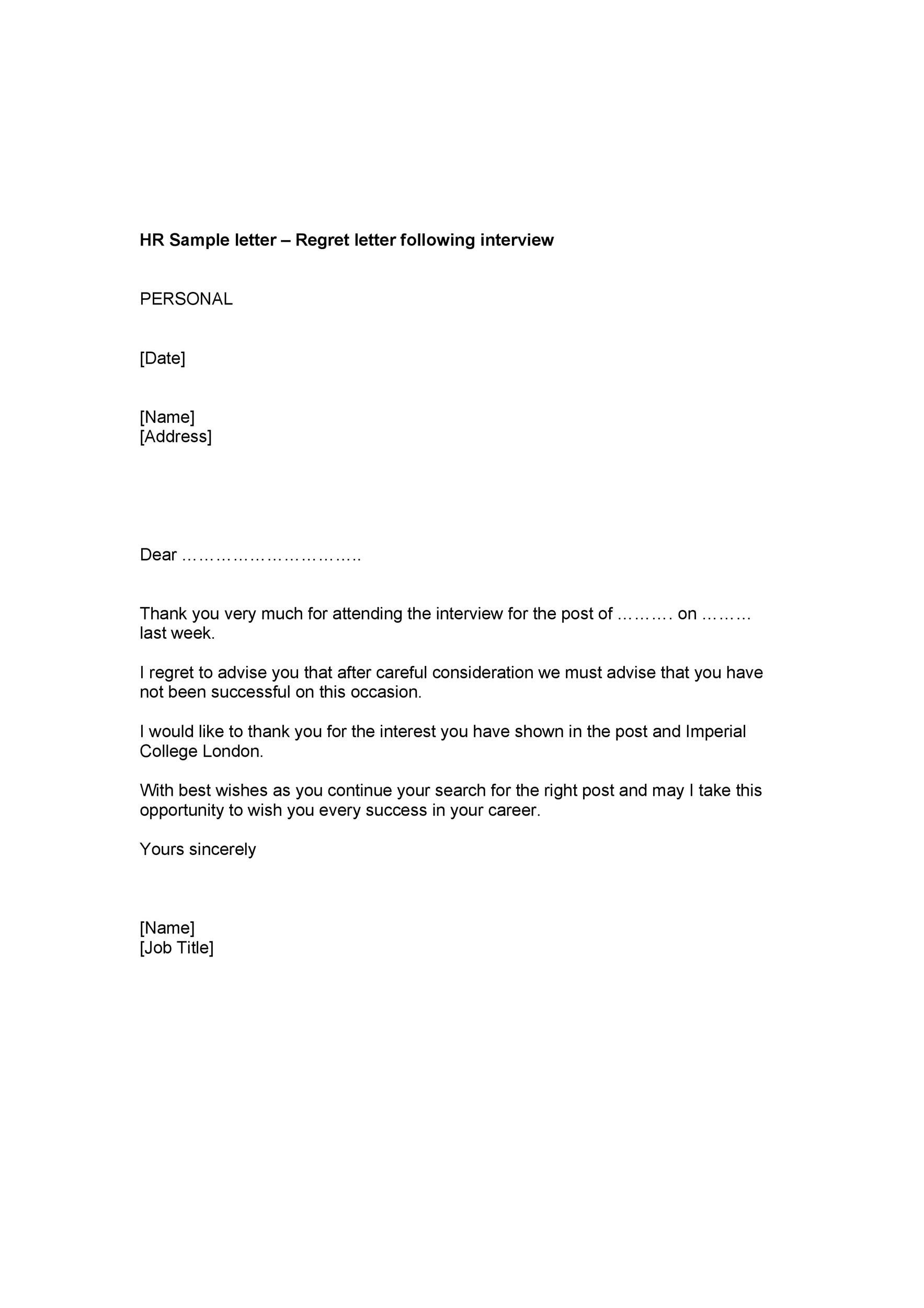 Job Rejection Email Sample | Master of Template Document