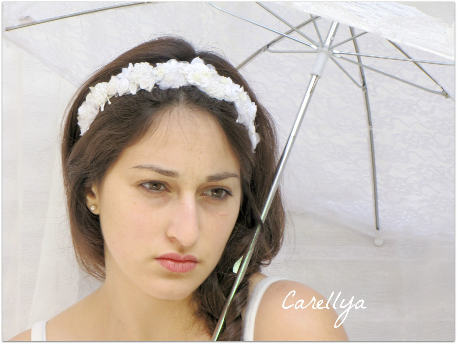 Bridal Floral Head piece - Flower Head Wreath - White Wedding Crown - LIAD - carellya
