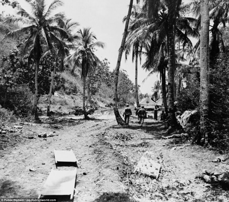 Pictured: Stretchers abandoned on a road in the Nidual River valley leading to the Third Marine Division field hospital, which was attacked in a surprise dawn raid by the Japanese in 1944. The history of the island after its liberation from Japanese rule has been revolutionary. It went from being a military outpost - America's 'only permanent aircraft carrier - to being a civilian-run territory after 1950. In 1952, all of the islanders were granted US citizenship, and in the 1960s visitors were no longer required to obtain a security clearance to visit - clearing the way for a tourism-fuelled economic boom