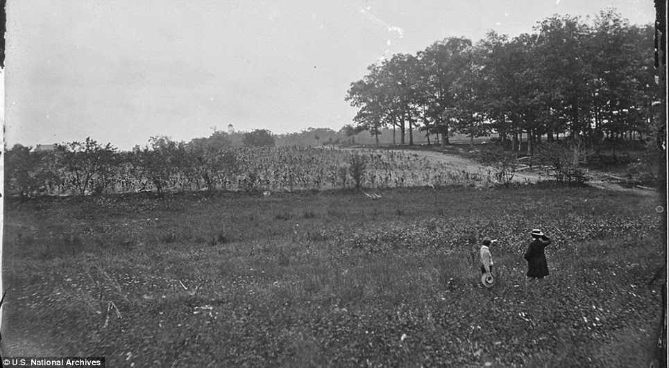 Revisiting the scene: Mathew Brady (right) at Gettysburg in a photograph accurately titled 'Woods in Which General John F. Reynolds Was Killed', in July 1863