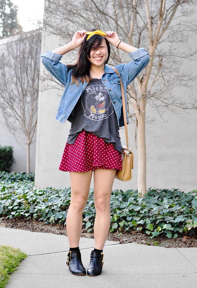 wearing: Junk Food Mickey Mouse tank top, red polka dotted dress, thrifted denim jacket, Dolce Vita boots {Modcloth}, H&M ankle socks, Modcloth yellow polka dotted headband, thrifted vintage Coach satchel