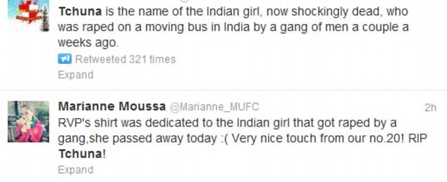 I know: Some users are adamant that van Persie's tribute was for the tragic Indian woman who was raped and died from her injuries