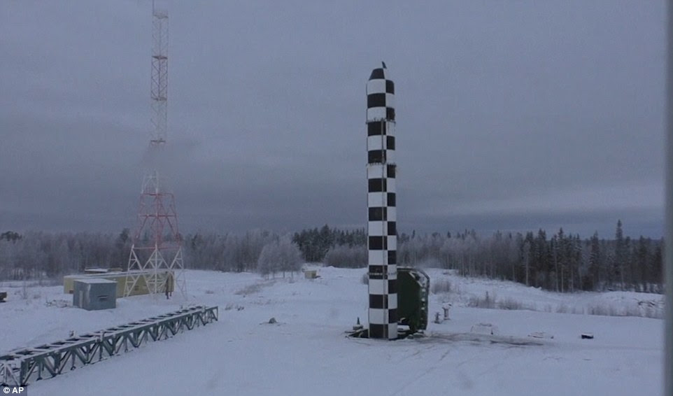 Ready to take off: The launch site is covered in snow as the test is prepared in the video showed by Putin during his speech