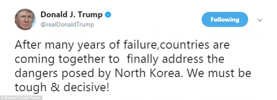 Trump sent this tweet on Tuesday morning. That was before North Korea threatened to bomb Guam, escalating tensions