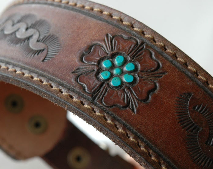Western Re purposed quality Leather Dog Collar with Turquoise Stones - Size medium OOAK