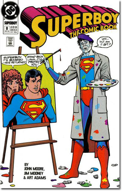 Why isn't he painting over the finished art with turpentine? Man, I still don't get Bizarro World physics. (Superboy #8)