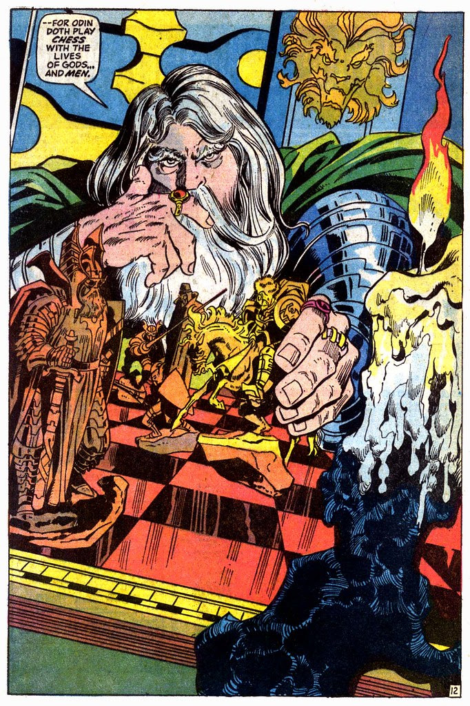 Odin plays with his Norse Gods Franklin Mint chess set, from Thor #202 by Gerry Conway and John Buscema