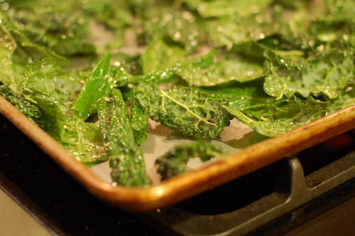 Kale chips with sesame seeds and sea salt about to go into the oven by Eve Fox, Garden of Eating blog, copyright 2013
