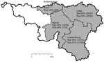 Thumbnail of Location of 4 provinces in southeast Belgium (shaded) where 524 wild cervids (313 red deer and 211 roe deer) were killed during hunting seasons 2010 and 2011 and sampled. Seroprevelance for Schmallenberg virus is shown for each of the 225 deer killed in 2011. Source: Institut Géographique Nationale, Brussels, Belgium, 2001.